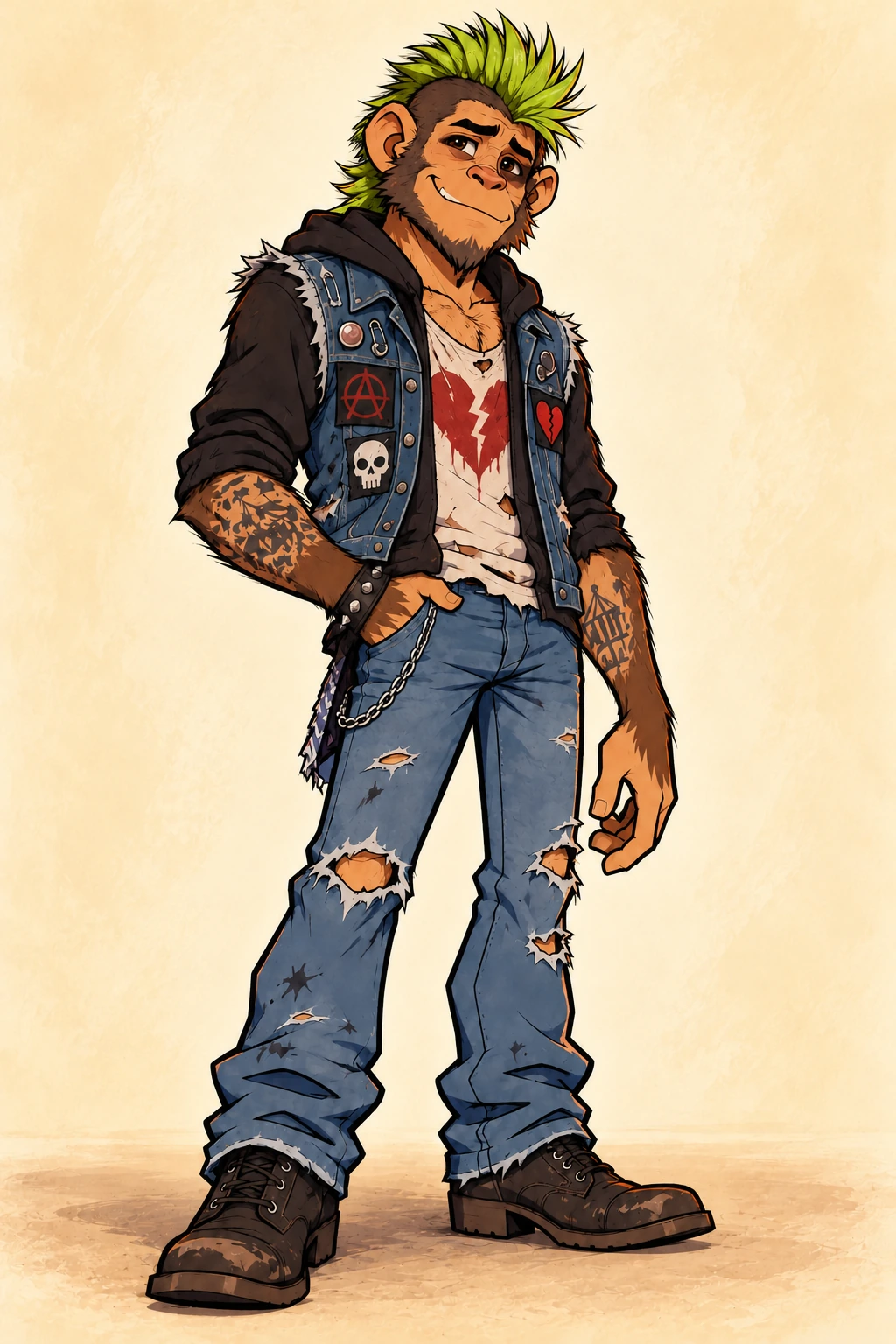 Punk Dutch with green mohawk on a warm cream studio background